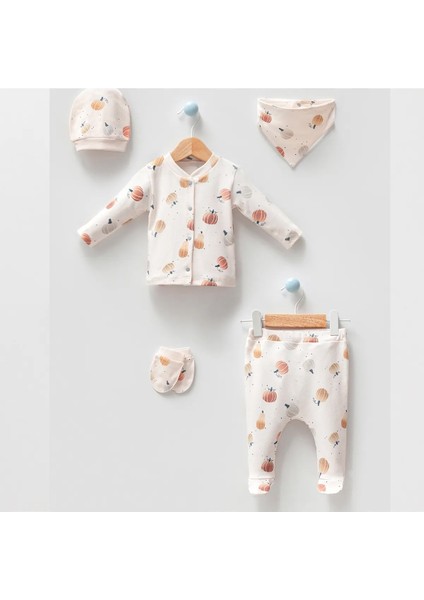 Yenidoğan Bebek Hastane Çıkışı 5'li Set - Eldivenli, Yakalı, Şapkalı, Patikli Alt, Üst Takımı, %100 Organik Pamuklu, Kabak Baskılı, Unisex