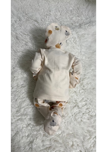 Yenidoğan Bebek Hastane Çıkışı 5'li Set - Eldivenli, Yakalı, Şapkalı, Patikli Alt, Üst Takımı, %100 Organik Pamuklu, Kabak Baskılı, Unisex modelleri