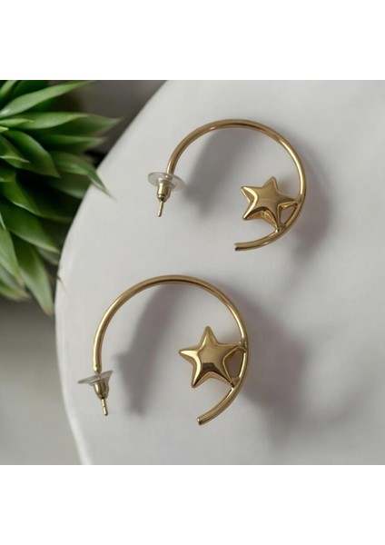 Gold Yıldızlı Çelik Küpe