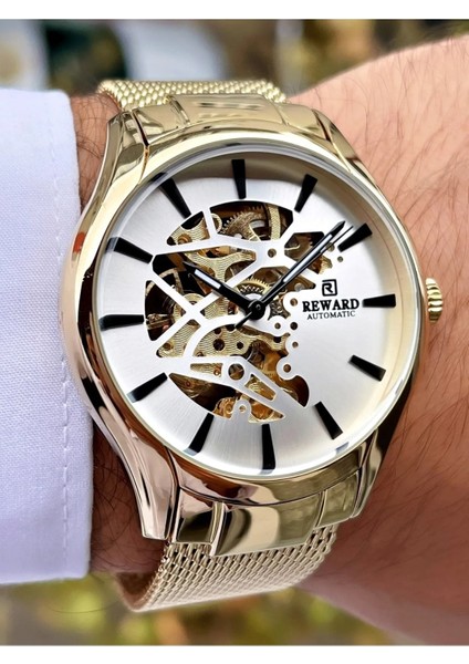 Gold Renk Çelik Hasır Kordon Pilsiz Wip Otomatik Erkek Kol Saati