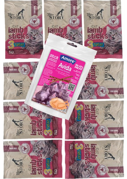 Avida 12LI Tavuklu Kedi Ödül Çubukları, New Story Kuzu Etli 9-Cat-Sticks
