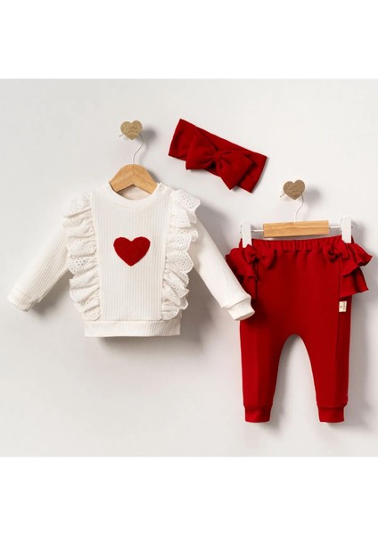 Kız Bebek 3 Parça Kalpli Sweatshirt, Fiyonklu Pantolon ve Saç Bandı Takımı - Kırmızı Beyaz, Özel Tasarım Şık Set