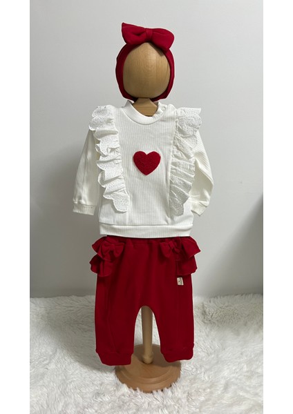 Kız Bebek 3 Parça Kalpli Sweatshirt, Fiyonklu Pantolon ve Saç Bandı Takımı - Kırmızı Beyaz, Özel Tasarım Şık Set fiyatları