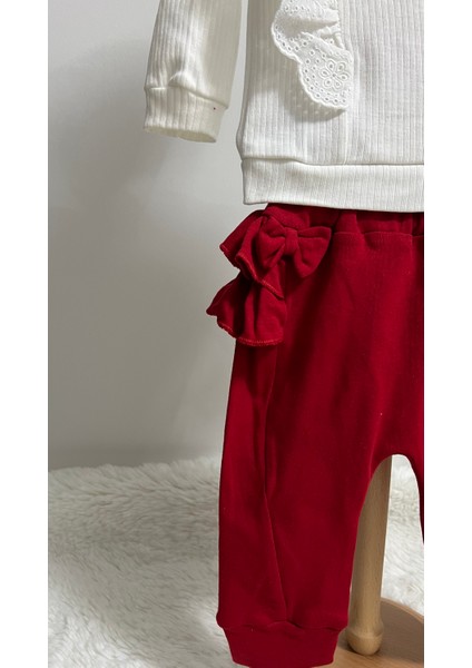 Kız Bebek 3 Parça Kalpli Sweatshirt, Fiyonklu Pantolon ve Saç Bandı Takımı - Kırmızı Beyaz, Özel Tasarım Şık Set modelleri