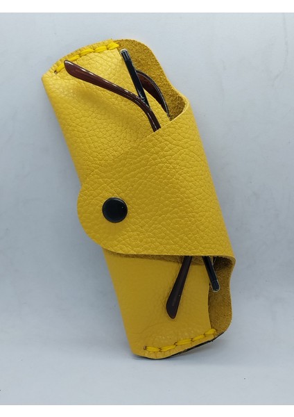 Hakiki Deri Sarı Renkli El Yapımı Çıt Çıt Kapamalı Gözlük Kılıfı
