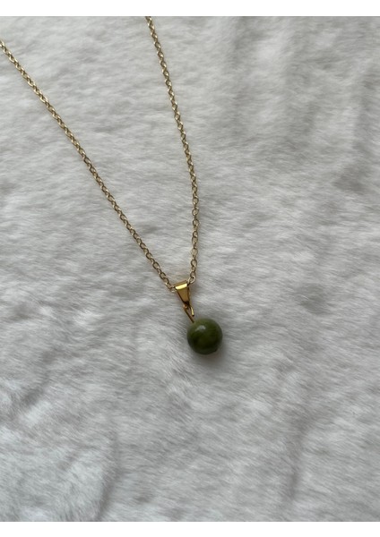 8 mm Yeşim Taşı Altın Kaplama Kolye