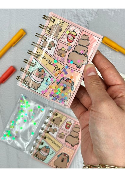 Pullu Pırıltılı Sevimli Hayvan Desenli Mini Spiral Defter Çizgili 64 Sayfa Pembe Renk