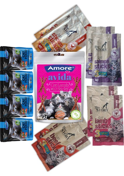 Avida 12LI Kuzu Etli Ödül Çubuk, New Story 8-Mix Cat Sticks Mama, Bonisa 4-Punch