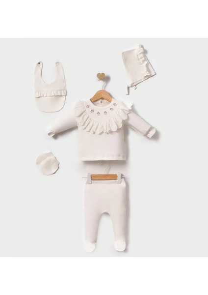 Yenidoğan Bebek 5 Parça Hastane Çıkışı Seti - Dantelli, Çiçek Nakışlı, Eldiven-Patik-Şapka Dahil, %100 Organik Pamuk