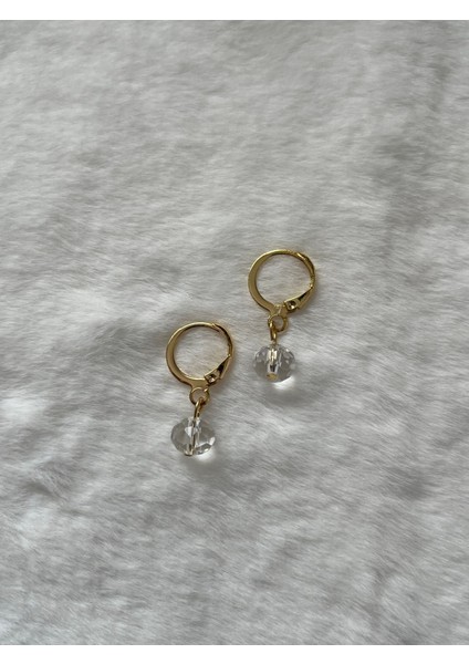 8 mm Beyaz Kristal Taşı Altın Kaplama Küpe