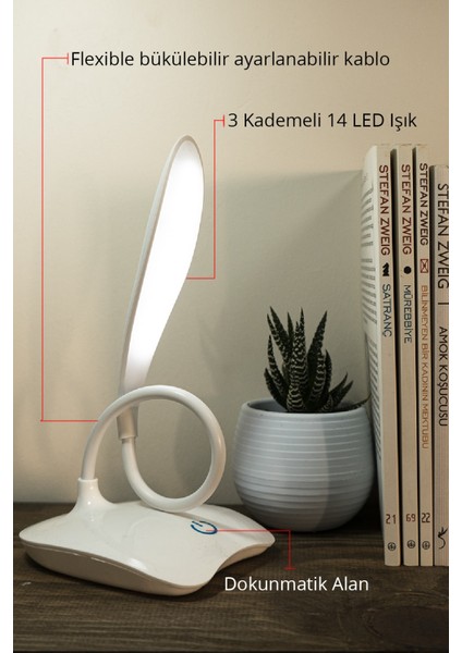Pilli Ledli Masa Lambası 3 Kademeli Okuma Işığı Çalışma Lambası Beyaz Işık USB Kablolu