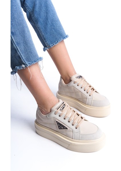 Prag Premium Bağcıklı Ortopedik Kadın Sneaker - Krem