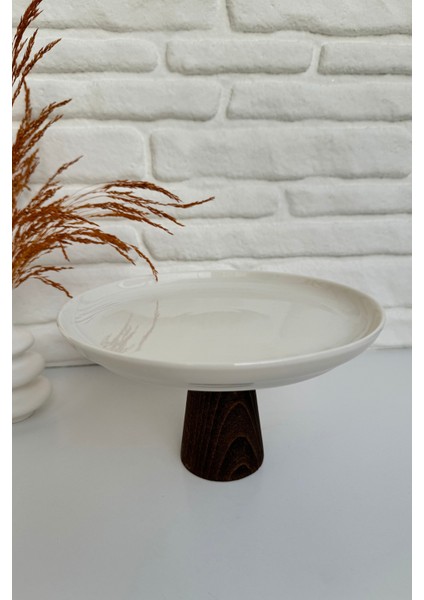 Uzun Ahşap Ayaklı Yuvarlak Porselen Sunumluk Servislik Tabak Kase 21 cm