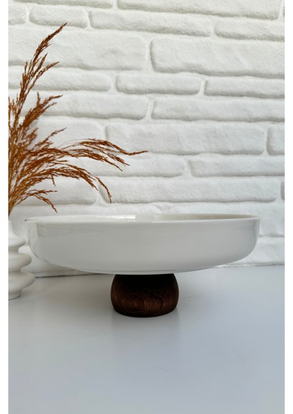 Yuvarlak Ahşap Ayaklı Çukur Porselen Servis Tabağı Sunumluk Kase 5*24 cm