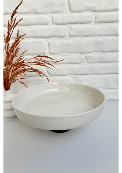 Yuvarlak Ahşap Ayaklı Çukur Porselen Servis Tabağı Sunumluk Kase 5*24 cm