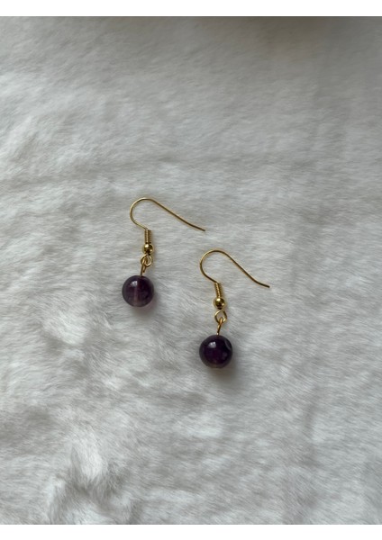 8 mm Ametist Taşı Altın Kaplama Sallantılı Küpe
