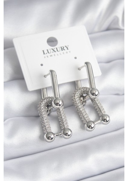 Pirinç Gümüş Renk Zirkon Taşlı Tiffany Model Vıp Seri Kadın Küpe