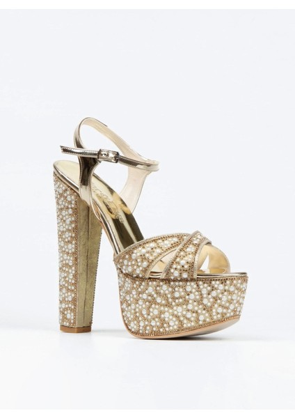 Gold Ayna Full İnci Taşlı Çapraz Model Klasik Topuklu Platformlu Kadın Abiye Ayakkabı Kadın Topuklu