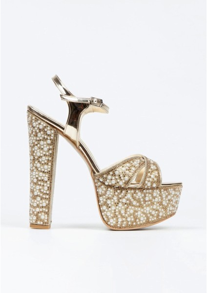 Gold Ayna Full İnci Taşlı Çapraz Model Klasik Topuklu Platformlu Kadın Abiye Ayakkabı Kadın Topuklu modelleri