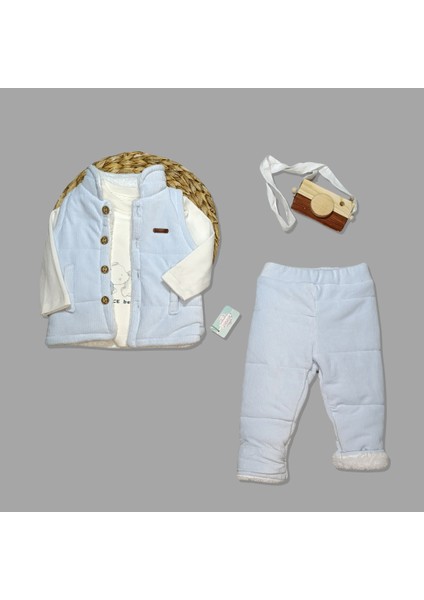 Kadife Peluş Yelekli Üçlü Takım