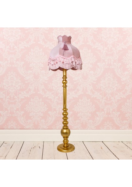 Vintage Ahşap Gold Ayak Pudra Pembe Lambader Püskül Süsleme 170 x 45 cm LM10422