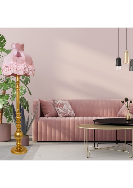 Vintage Ahşap Gold Ayak Pudra Pembe Lambader Püskül Süsleme 170 x 45 cm LM10422