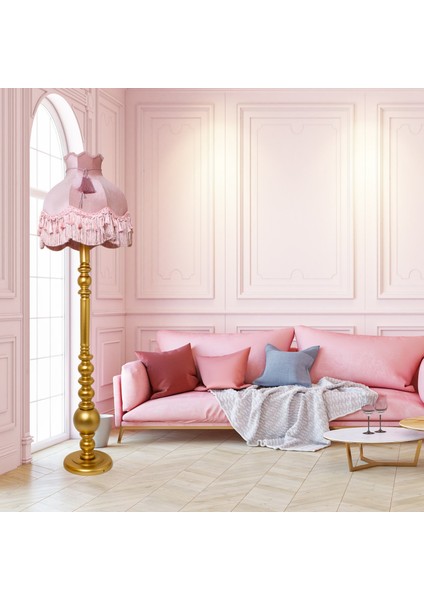 Vintage Ahşap Gold Ayak Pudra Pembe Lambader Püskül Süsleme 170 x 45 cm LM10422