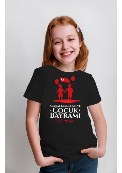 Kız Çocuk 23 Nisan Çocuk Bayramı Baskılı Bisiklet Yaka Baskılı Kısa Kollu