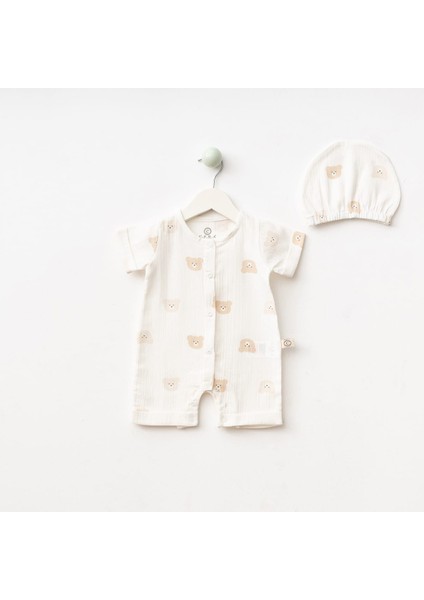 Ayı Kafası Baskılı Müslin Unisex Tulum