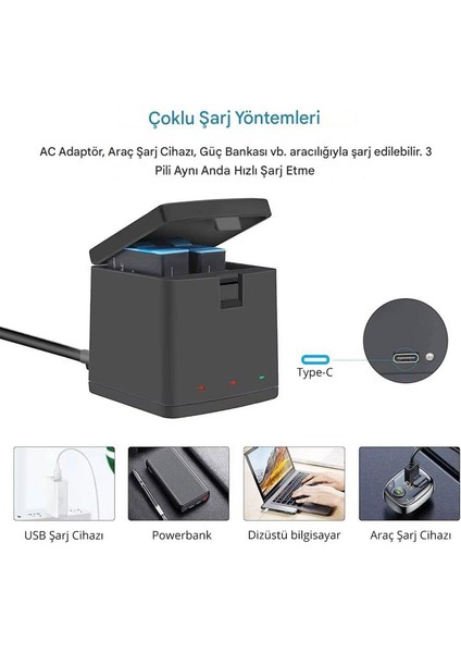 Gopro Hero 12 Uyumlu Üçlü Batarya ve Şarj Aleti Seti