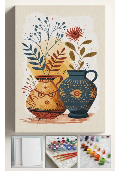 Sayılarla Boyama Çerçeveli Hobi Seti Numaralı Tuval Fırça Boya Dahil Kasnaklı 40X50 cm Motifli Vazolar