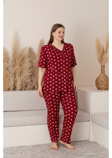 Kadın Büyük Beden Desenli Yakası Düğmeli Kısa Kollu Bambu Pijama Takımı