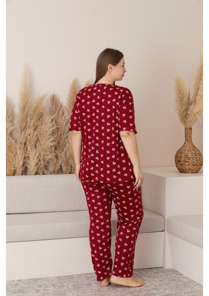 Kadın Büyük Beden Desenli Yakası Düğmeli Kısa Kollu Bambu Pijama Takımı