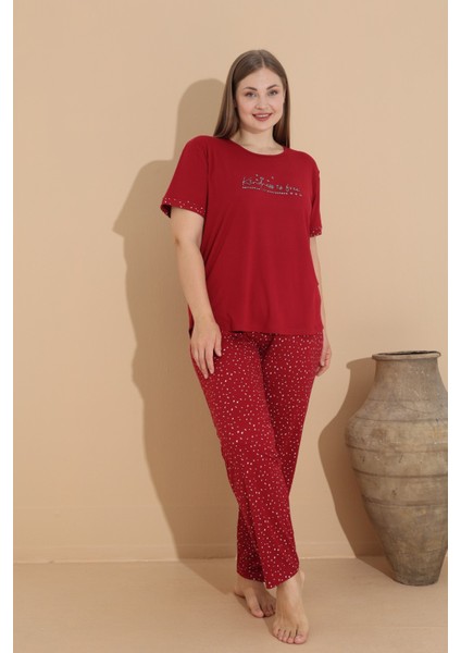 Kadın Milan Kumaş Büyük Beden Curve Baskılı Desenli Kısa Kollu Bambu Pijama Takımı
