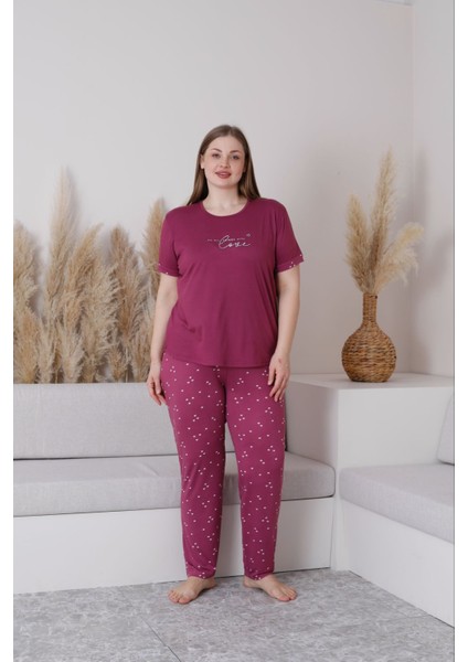 Kadın Milan Kumaş Büyük Beden Curve Baskılı Desenli Kısa Kollu Bambu Pijama Takımı