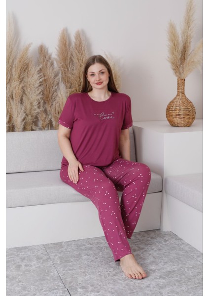 Kadın Milan Kumaş Büyük Beden Curve Baskılı Desenli Kısa Kollu Bambu Pijama Takımı