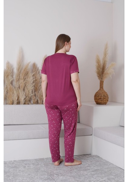 Kadın Milan Kumaş Büyük Beden Curve Baskılı Desenli Kısa Kollu Bambu Pijama Takımı