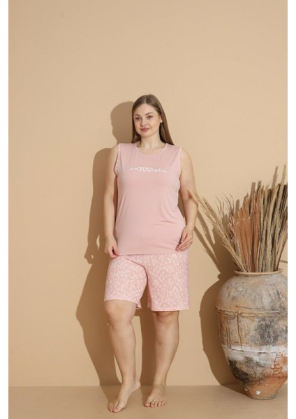 Kadın Milan Kumaş Büyük Beden Curve Baskılı Desenli Bambu Şortlu Pijama Takımı