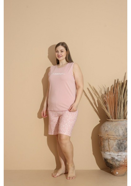 Kadın Milan Kumaş Büyük Beden Curve Baskılı Desenli Bambu Şortlu Pijama Takımı