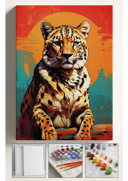 Sayılarla Boyama Çerçeveli Hobi Seti Numaralı Tuval Fırça Boya Dahil Kasnaklı 40X50 cm Oturan Leopar