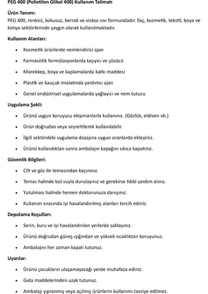 Peg 400 – 30 Litre | Yüksek Saflıkta Polietilen Glikol | Nemlendirici – Taşıyıcı – Çözücü fiyatları