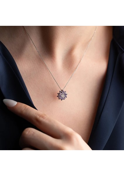 925 Ayar Gümüş Mor Taşlı Lotus Çiçeği Kolye