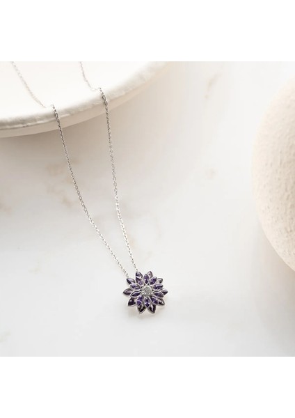 925 Ayar Gümüş Mor Taşlı Lotus Çiçeği Kolye