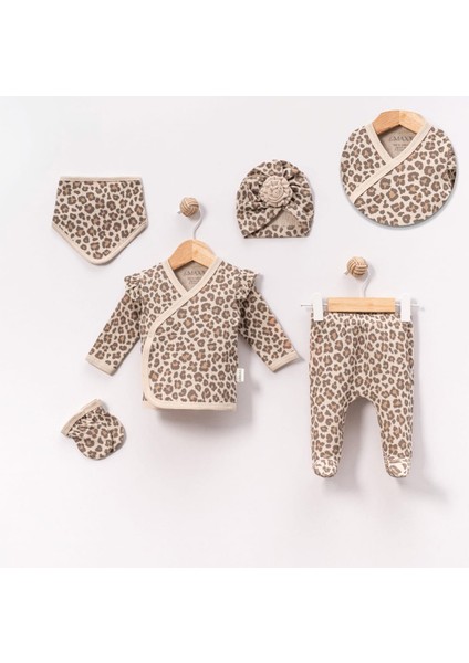 Kız Bebek Pamuklu Leopar Desenli Waffel 5 Li Hastane Çıkış Seti