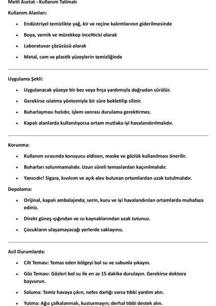 Endüstriyel Saf Metil Asetat – 1 Litre | Güçlü Çözücü & Temizleyici fiyatları