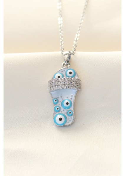 316L Zinciri Çelik Zirkon Taşlı Gümüş Renk Nazar Boncuklu Terlik Kolye