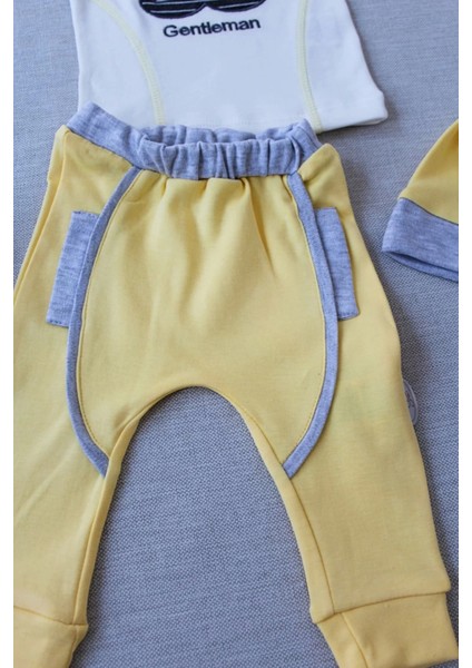 Gentleman Erkek Nakışlı Şapkalı Uzun Kollu Sweat 3lü Erkek Bebek Takımı Sarı