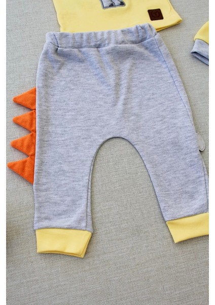 Minik Dino Nakışlı Şapkalı Uzun Kollu Sweat 3lü Kız-Erkek Bebek Takımı Sarı