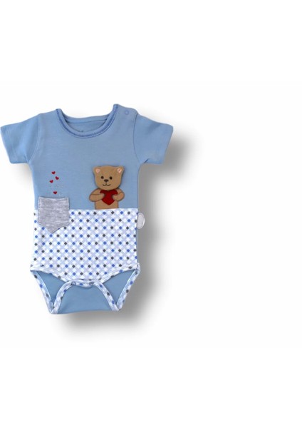 Romantik Ayıcık Nakışlı Bandajlı Kısa Kollu Zıbınlı 3lü Kız-Erkek Bebek Takımı Mavi