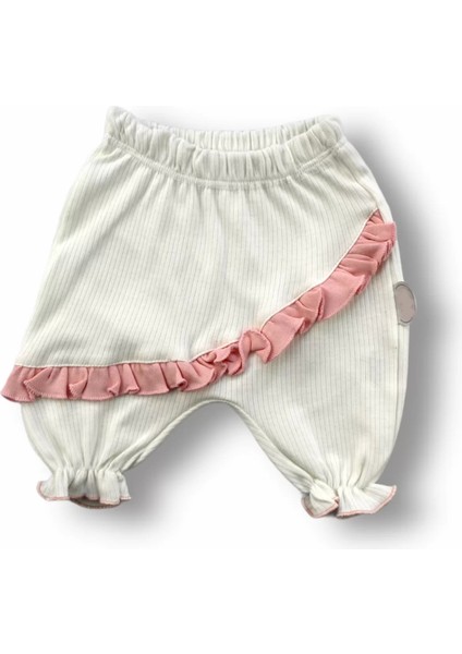 Çiçek Nakışlı Roman Şalvar Bandanalı Kısa Kollu Sweat 3lü Kız Bebek Takımı Pudra